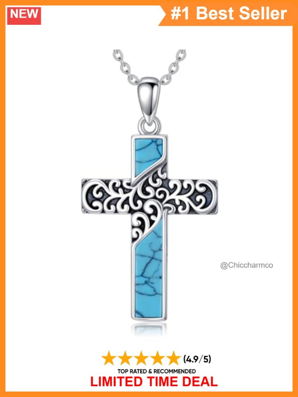 Turquoise Cross Necklace 925 Sterling Silver Filigree Pendant Christian Jewelry